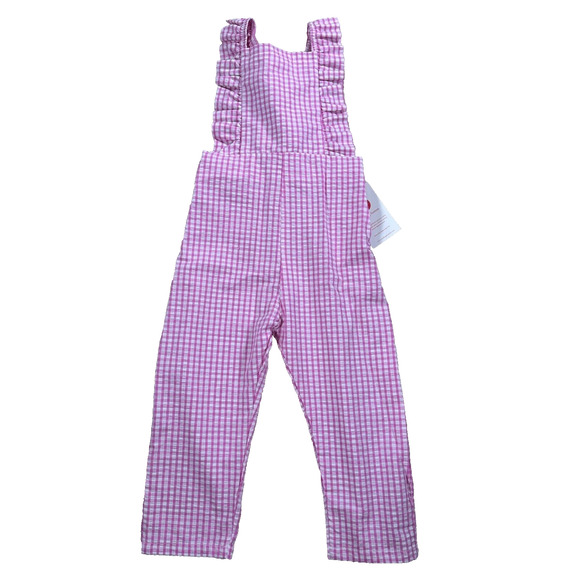 Smiling Button Kids 4 Flutterall Romper Pink White Gingham Seersucker Ruffle New - Picture 1 of 9